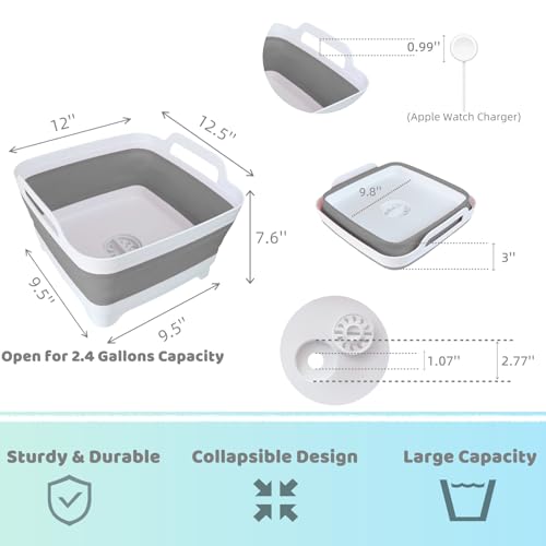 Collapsible Wash Basin with Drain Plug - 2.4 Gallon Foldable Kitchen Sink for Baby Bottles, RV Camping, Space-Saving Dish Tub (Gray)