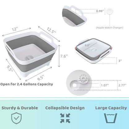Collapsible Wash Basin with Drain Plug - 2.4 Gallon Foldable Kitchen Sink for Baby Bottles, RV Camping, Space-Saving Dish Tub (Gray) - color: Gray