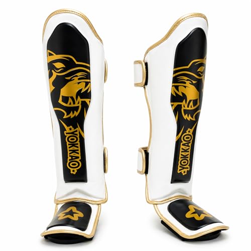 YOKKAO Muay Thai Designer Shin Guards: Superior Protection and Support for Muay Thai, Kickboxing, and MMA - Premium Quality and Stylish Design for All Skill Levels - color: Absolute White, size: Large