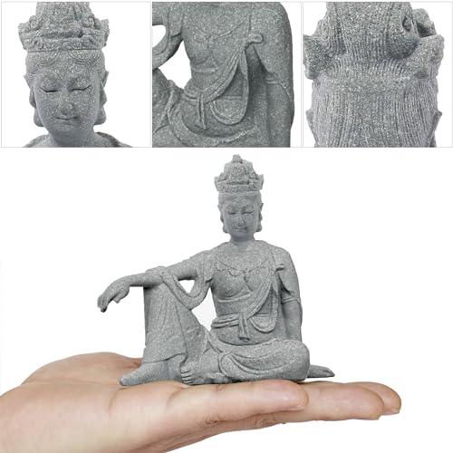 Fish Tank Buddha Statue Ornament,Zen Garden Aquarium Decor Kit with Artificial Plants,Meditating Statues for Underwater Landscaping,Sandstone-4.5" H