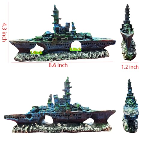 Aquarium Accessories - Resin Sunken Warship Ornament Set, Fish Castle | Betta Fish Hideout Cave, 10 Artificial Aquatic Plants, 30-40 Seashells, 1 Floating Diver, Fish Tank Shipwreck Accessories
