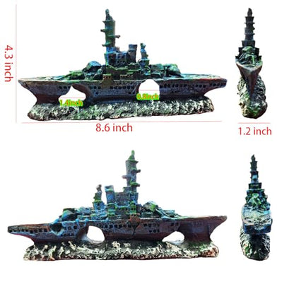 Aquarium Accessories - Resin Sunken Warship Ornament Set, Fish Castle | Betta Fish Hideout Cave, 10 Artificial Aquatic Plants, 30-40 Seashells, 1 Floating Diver, Fish Tank Shipwreck Accessories