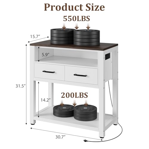 20-29 Gallon Aquarium Stand with Stable Metal Frame & Power Outlet, Heavy-Duty Fish Tank Stand with Waterproof Mat, 550LBS Capacity Storage Cabinet, White+Brown