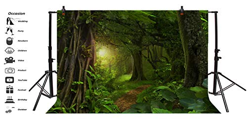 5x3ft Fairytale Rainforest Photo Backdrop Kids Birthday Party Events Decor Evergreen Forest Jungle Natural Scenery Photography Background Wallpaper Jungle Backdrop for Party Photo Studio Props - size: 5x3ft