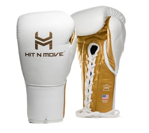 HIT N MOVE Pro Agility All Day Boxing Gloves LACE UP, Boxing Gloves Men, Boxing Equipment, Sparring & Heavy Bag Workout Gloves for Boxing, Kickboxing, MMA - color: White/Gold, size: 16 OZ