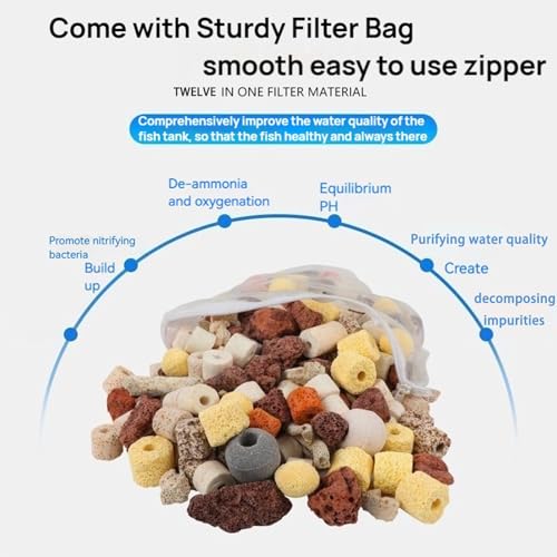 Bio Aquarium Filter Media, 12 in 1 Fish Tank Filter Material, Ceramic Rings Activated Carbon Bio Balls Freshwater Marine Biological Filter Media for Koi Fish Tank Pond (2.2lb with Mesh Bag)