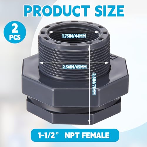 2 Pcs 1-1/2 Inch Bulkhead Fitting PVC Water Tank Connector Plumbing Pipe Threaded Bulkhead Fitting NPT for Rain Barrels, Water Tanks, Aquariums, Tubs, Pools - size: 1-1/2 Inch