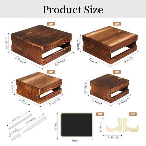 8 Pcs Buffet Risers with Mini Signs, Rustic Wood Cake Stands, Food Risers for Buffet Table, Dessert Display Stand, Wood Crates, Rustic Cake Stand for Party, Wedding, Birthday, Baby Shower, 4 Sizes