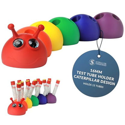 S I Schaller Industries Rainbow Caterpillar Test Tube Holder, 16mm - Veterinary Blood Test Tube Rack, Holds 15 Vials, Compact Fun Design Organizer for Pediatric and Veterinary Use