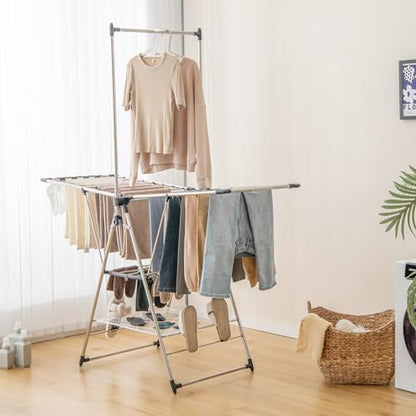 Tangkula 2-Layer Stainless Steel Drying Rack, Foldable Laundry Rack w/ 1 Hanging Bar & 2 Height-Adjustable Wings, 23 Drying Rails, Netting Clothe Drying Rack, No Assembly Required - size: 61.5" x 23.5" x 72"
