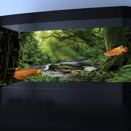 30X12IN Natural Green Forest Tree Stream Reptile Habitat Background Terrarium Background, Tropical Forest Decor Aquarium Background, Misty Rainforest Aquarium Background with 10 EVA Double-Sided Tape - size: 30X12in/75X30cm