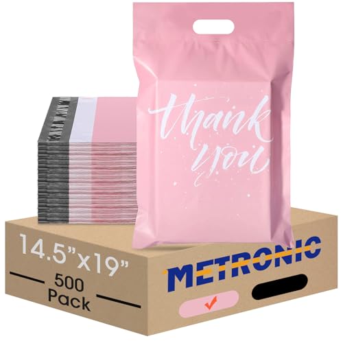 Metronic Poly Mailers with Handle 14.5x19 500PC, Small Shipping Bags for Clothes, Self Seal Mailers Poly Bags, Upgrade Design Thank You Bags for Small Business, Cute Packaging Bags Mailing Bags Pink - color: Pink, size: 14.5X19" 500PC