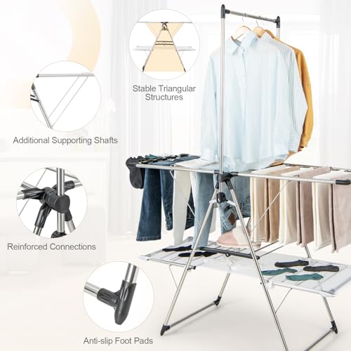 Tangkula Freestanding Foldable Clothes Drying Rack | Tall Hanging Bar & Height Adjustable Gullwing | Stainless Steel | No Assembly |Space-Saving | for Laundry Room Balcony Patio - size: 54" x 25" x 72"