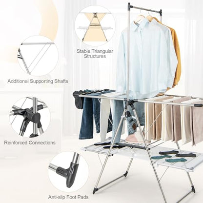 Tangkula Freestanding Foldable Clothes Drying Rack | Tall Hanging Bar & Height Adjustable Gullwing | Stainless Steel | No Assembly |Space-Saving | for Laundry Room Balcony Patio - size: 54" x 25" x 72"