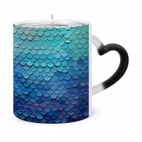 Blue Fish Scale Color Changing Mug Heat Sensitive Coffee Mug Magical Ceramic Coffee Cup Personalized Tea Cup Message Appears As It Heats Novelty Gift for Family Friend