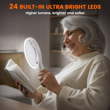 Magnifying Glass with Light Large 5" Lens, Handheld Illuminated Lighted Magnifier 24LED 1UV Light for Seniors, Reading, Coins, Jewelry, Close Work - color: White
