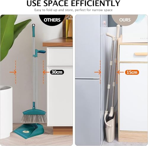 Broom and Dustpan Set with Long Handle, Light Weight Stainless Steel Poles Stand Upright Dustpans with Broom Combo for Home Kitchen Office Pet Dog Hair, Brown & Beige Color, 1-Pack - color: Beige