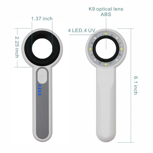 Handheld Magnifier 60X with UV&LED Lights Jeweler Loups Magnifying Glass with 30mm Optical Lens, Touch Light Control, Battery LED Indicator, Rechargeable Loupe Magnifier for Gemstones Watches Plants - size: 60X with Touch Light