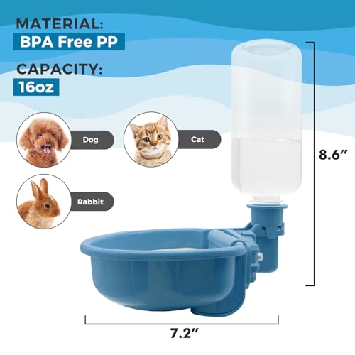 VANNON 16oz Pet Water Bottle, Gravity Dog Water Bowl Dispenser for Cage, Anti-Overflow Water Dispenser for Small Dogs, Cats, Rabbits and Other Small Animals, BPA Free, Blue