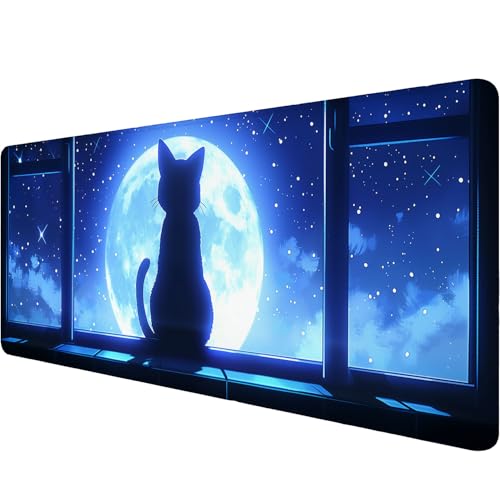 Anime Cat Desk Mat Gaming Mouse Pad Cartoon Cute Cat Looking Moon Large Gaming Mouse Mat with Stitched Edges,Non-Slip Waterproof Rubber Base Mous Mat Office Computer Keyboard Laptop Home 31.5"x11.8" - color: Anime Cat_007, size: 11.8" x 31.5"