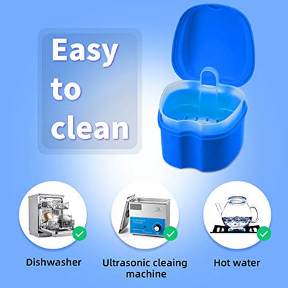 Denture Cup Dental Retainer Case Cleaning with Strainer Basket, Orthodontic Bath Box Mouthguard Storage Soaking Holder - Dark Blue - color: Dark Blue