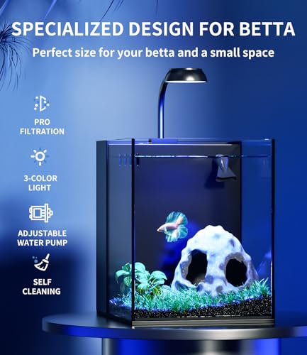 2 Gallon Fish Tank Aquarium Kit with Hidden Filtration, LED Light, Lid, Small Rimless Glass Betta Tank