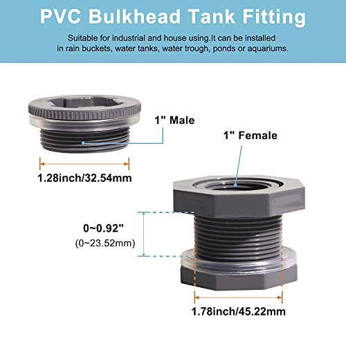 1 Inch PVC Bulkhead Water Tank Connector Adapter Fitting with Plugs Thru-Bulk Pipe Fitting for Rain Barrels, Aquariums, Ponds(Set of 1) - size: 1"-1pcs