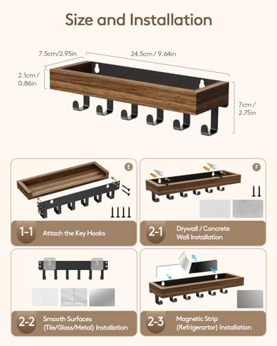 Key Holder Wall Mount Magnetic Adhesive, Key Hooks Rack with Shelf - color: Rustic, size: Medium
