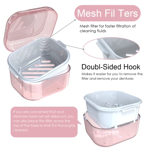 ARGOMAX Denture Cup with Strainer and Tray, Pink - color: Pink Shell+white Inner Tray
