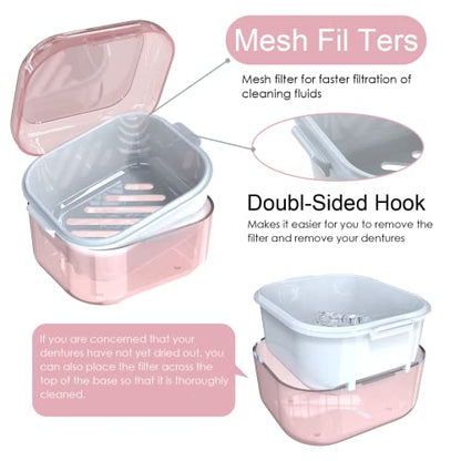 ARGOMAX Denture Cup with Strainer and Tray, Pink - color: Pink Shell+white Inner Tray