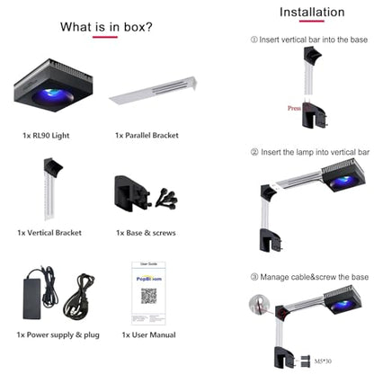 RL90 Aquarium LED Reef Light 100W, Smart-APP Control Full Spectrum Marine LED for Saltwater Coral Fish Tanks (Black, V3 Arm Kit)