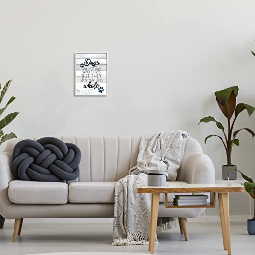 Stupell Industries Dogs Make Our Lives Whole Paw Icon Striped Backdrop, Design by Kim Allen - size: 14"L x 11"W, style: White Framed
