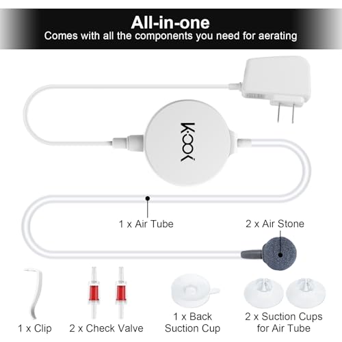 Aquarium Air Pump, 1 Watt Ultra Quiet Mini Oxygen Pump, Powerful Air Aerator Kit for Fish Tank 1-15 Gallon, Including Air Pump Accessories, Back Clip and Suction Cup - color: White