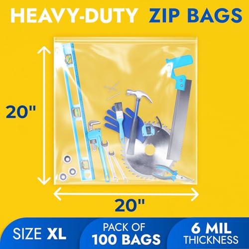 20" x 20" Reclosable Plastic Zip Bags, Pack of 100, 6 Mil Heavy-Duty Clear Poly Bags, Resealable for Food, Clothes, Hardware, Jewelry - size: 20"W x 20"H