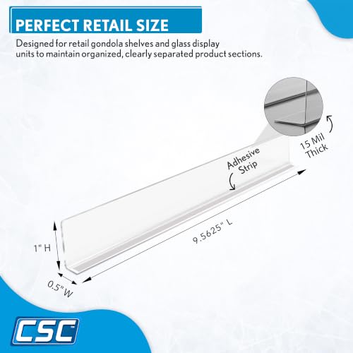 Corp. 50 Pack Shelf Dividers for Retail Stores, 1" H x 9-9/16" L, 15 mil Crystal Clear PVC Adhesive Mount Retail Shelf Separator, SD-1510