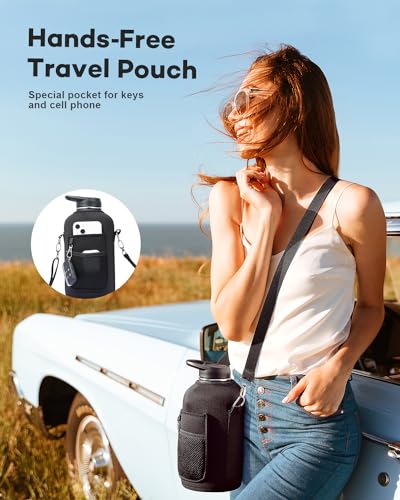 Topre 64oz Water Bottle Insulated with Handle,Double-Wall Vacuum Stainless Steel (Cold for 48 Hrs), Half Gallon Water Jugs,Reusable Metal Water Flask with Carry Pouch,Straw & Spout Lid,Indigo Black - color: Indigo Black with Handle, size: 64 Ounces