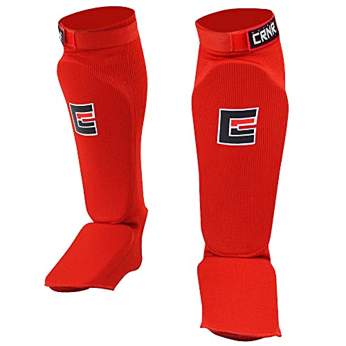 Slip On Elastic Muay Thai Shin Guards – Kickboxing, MMA Sparring and Training Protective Instep Shin Pads - color: Red, size: Large-X-Large