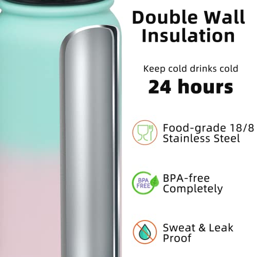 Fanhaw 20oz Kids Stainless Steel Water Bottle with Straw Lid, Green Pink - color: Green Pink, style: 20 Ounces