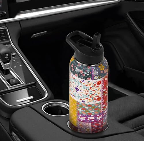 Pioneer Women Water Bottle with Straws Insulated Sports Bottle Boho Flower Travel Thermal Double Walled Vacuum Cup Leak Proof Stainless Steel Tumbler Mother's Day Gifts-32 oz - color: Red