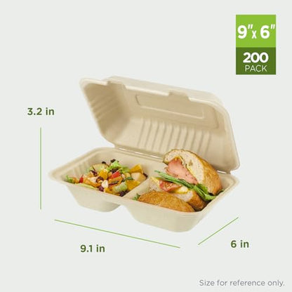 KARAT EARTH Clamshell Take Out Food Containers [9"x6", 200 ct ] 2 Compartments | Compostable To Go Containers, Natural Biodegradable Bagasse