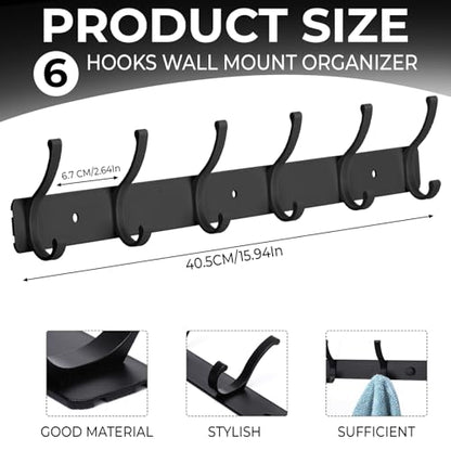 Wall Mount Coat Rack 2 Pack, Black Coat Hooks Hanger with 6 Double Hooks - color: Black, size: 2 Pack(6 hooks)