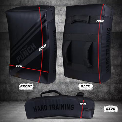 Kick Shield Muay Thai Kick Pads– Leather Thai Pads with Curved Shape for Martial Arts Training Thick Padding Coaching Gear for MMA, Boxing, Fitness Training & Fighting Sports - color: Black