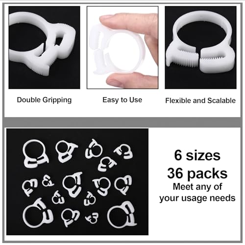 36 Pcs 6 Size Aquarium Nylon Hose Clamps Set 6.1-27.2 mm White Plastic Snap Ratcheting Hose Clamps Assortment Kit for Standard Aquarium Heater Tubing Fish Tank Plant