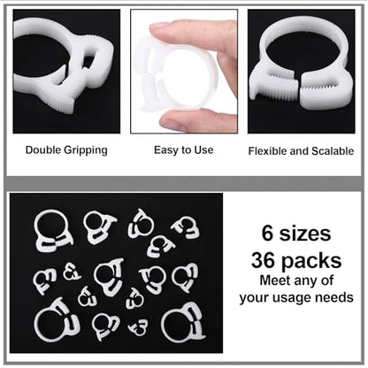 36 Pcs 6 Size Aquarium Nylon Hose Clamps Set 6.1-27.2 mm White Plastic Snap Ratcheting Hose Clamps Assortment Kit for Standard Aquarium Heater Tubing Fish Tank Plant