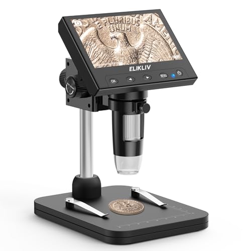 Elikliv Coin Microscope, 4.3'' LCD Digital Microscope 1000x, Coin Magnifier with 8 Adjustable LED Lights, PC View Compatible with Windows/Mac, EDM4B, Black - color: Black