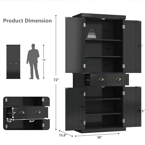 72" Kitchen Pantry,Tall Storage Cabinets with Doors and Shelves,Freestanding Pantry Cabinet for Bathroom,Dining Room and Living Room (Black) - color: Black