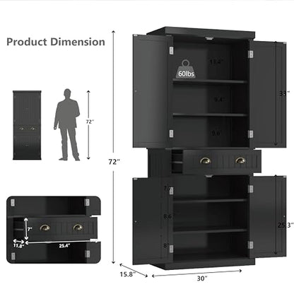 72" Kitchen Pantry,Tall Storage Cabinets with Doors and Shelves,Freestanding Pantry Cabinet for Bathroom,Dining Room and Living Room (Black) - color: Black