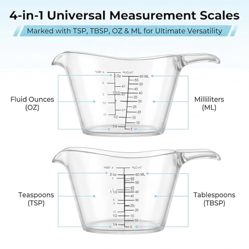 2 Pcs 2 Ounce Small Measuring Cups with V-Shaped Spout, 60ml Clear Mini Measuring Cup with tsp/Tbsp/oz/ml Markings, Clear Easy-Read Markings Scale for Kitchen, DIY Mixing, Beauty Mixings