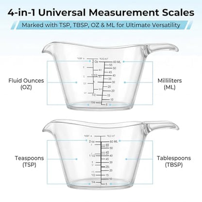 2 Pcs 2 Ounce Small Measuring Cups with V-Shaped Spout, 60ml Clear Mini Measuring Cup with tsp/Tbsp/oz/ml Markings, Clear Easy-Read Markings Scale for Kitchen, DIY Mixing, Beauty Mixings