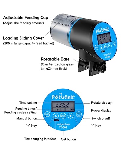 Automatic Fish Feeder for Aquarium - Rechargeable Fish Food Auto Dispenser Vacation Turtle Feeder with USB Charger Cable，LCD Screen, Customized Schedule (Blue) - color: Blue